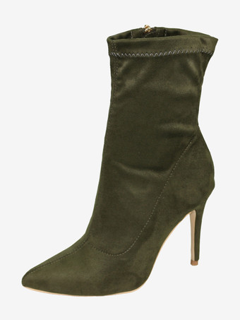 ハンターグリーン レディース アンクルブーツ ポインテッドトゥ ハイヒール ジップアップ 伸縮性ブーティ