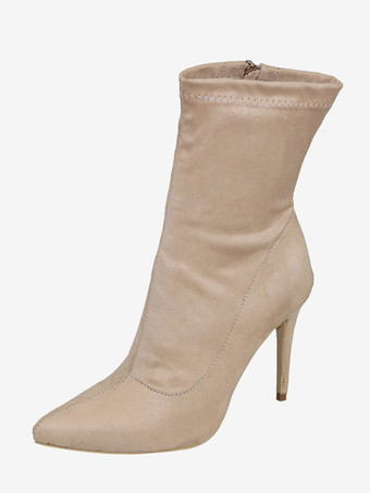 アプリコットレディース アンクルブーツ ポインテッドトゥ ハイヒール ジップアップ 伸縮性ブーティ