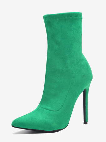 グリーン レディース アンクルブーツ ポインテッドトゥ ハイヒール ジップアップ 伸縮性ブーティ