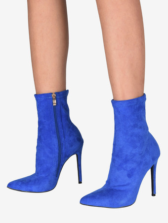 ブルー レディース アンクルブーツ ポインテッドトゥ ハイヒール ジップアップ 伸縮性ブーティ