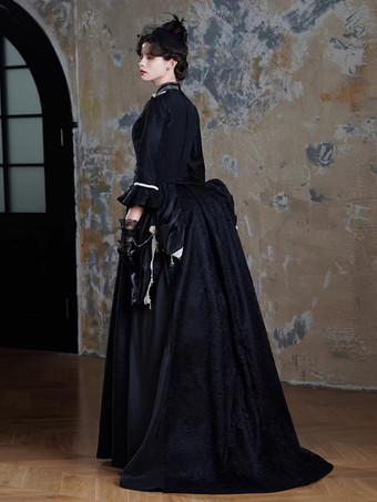 ブラックのバスルビクトリアドレス、ロングフレアドレス、マスク、ヘッドウェア、グローブ付き、レトロドレスセット