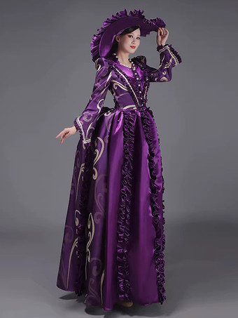 パープル シャンパン バッスル ヴィクトリアン ドレス パッド入り ショルダー 長袖 ポリエステル エレガント ボール レトロ ドレス 帽子付き