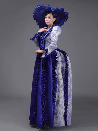 ブルー シャンパン バッスル ヴィクトリアン ドレス パッド入り ショルダー 長袖 ポリエステル エレガント ボール レトロ ドレス 帽子付き