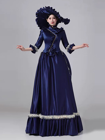 ブルーのバスル ビクトリアンドレス フレアスリーブ ポリエステル ボール マキシ レトロドレス 帽子付き