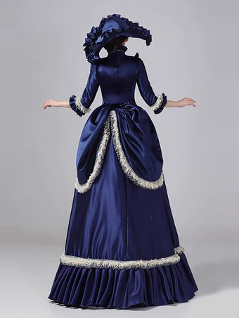 ブルーのバスル ビクトリアンドレス フレアスリーブ ポリエステル ボール マキシ レトロドレス 帽子付き