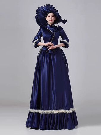 ブルーのバスル ビクトリアンドレス フレアスリーブ ポリエステル ボール マキシ レトロドレス 帽子付き