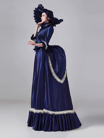 ブルーのバスル ビクトリアンドレス フレアスリーブ ポリエステル ボール マキシ レトロドレス 帽子付き