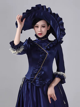 ブルーのバスル ビクトリアンドレス フレアスリーブ ポリエステル ボール マキシ レトロドレス 帽子付き