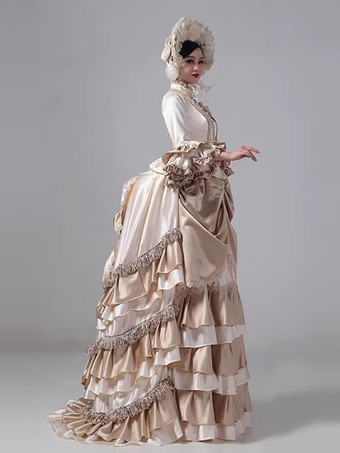 シャンパンカラーシャンパン バッスル ビクトリアン ドレス ロング フレア スリーブ ボール マキシ フリル レトロ ドレス