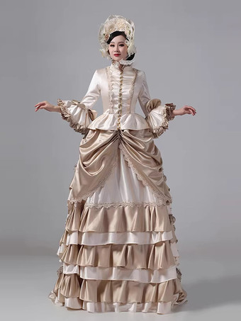 シャンパン バッスル ビクトリアン ドレス ロング フレア スリーブ ボール マキシ フリル レトロ ドレス