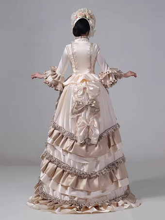 シャンパン バッスル ビクトリアン ドレス ロング フレア スリーブ ボール マキシ フリル レトロ ドレス