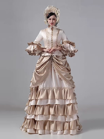 シャンパン バッスル ビクトリアン ドレス ロング フレア スリーブ ボール マキシ フリル レトロ ドレス