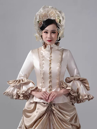 シャンパン バッスル ビクトリアン ドレス ロング フレア スリーブ ボール マキシ フリル レトロ ドレス