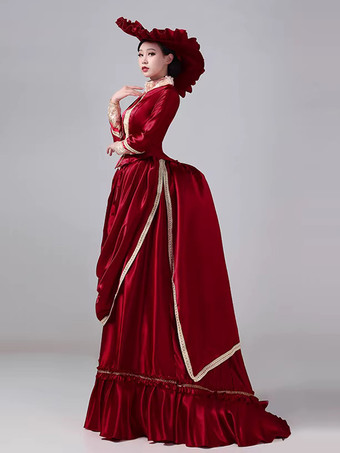 Burgunderrot Burgunderfarbenes viktorianisches Maxikleid mit Schleppe langen Ärmeln Polyester Retro-Stil mit Hut