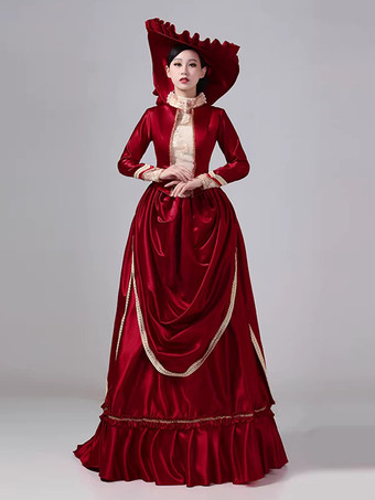 Burgunderfarbenes viktorianisches Maxikleid mit Schleppe langen Ärmeln Polyester Retro-Stil mit Hut