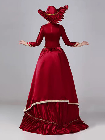 Burgunderfarbenes viktorianisches Maxikleid mit Schleppe langen Ärmeln Polyester Retro-Stil mit Hut