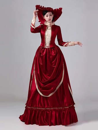 Burgunderfarbenes viktorianisches Maxikleid mit Schleppe langen Ärmeln Polyester Retro-Stil mit Hut