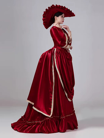 Burgunderfarbenes viktorianisches Maxikleid mit Schleppe langen Ärmeln Polyester Retro-Stil mit Hut