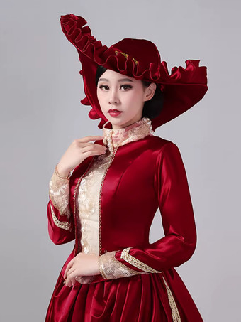 Burgunderfarbenes viktorianisches Maxikleid mit Schleppe langen Ärmeln Polyester Retro-Stil mit Hut