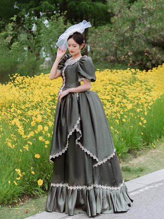 ダークグリーンバッスル ビクトリアンドレス パフスリーブ レース フリル マキシ丈 レトロドレス 帽子付き