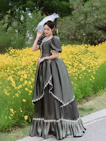 Bustle Victorian Dress Puff Sleeves Lace Ruffles Maxi Retro Dress with Hat Bustle Victorian Dress Puff Sleeves Lace Ruffles Maxi Retro Dress with Hat