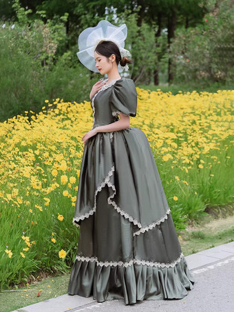 バッスル ビクトリアンドレス パフスリーブ レース フリル マキシ丈 レトロドレス 帽子付き