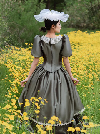 バッスル ビクトリアンドレス パフスリーブ レース フリル マキシ丈 レトロドレス 帽子付き