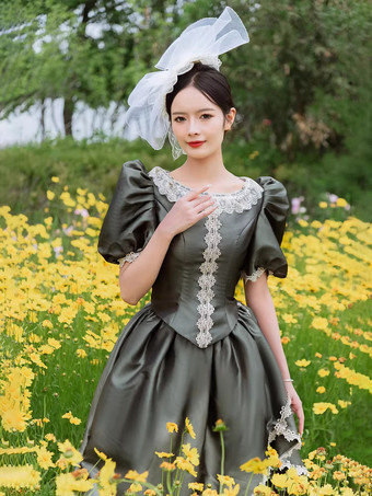 バッスル ビクトリアンドレス パフスリーブ レース フリル マキシ丈 レトロドレス 帽子付き