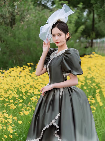 バッスル ビクトリアンドレス パフスリーブ レース フリル マキシ丈 レトロドレス 帽子付き