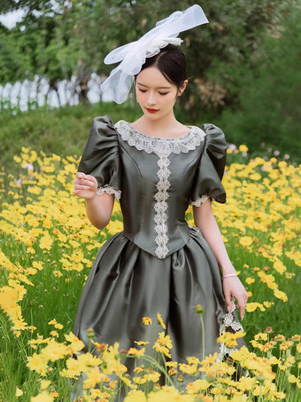 バッスル ビクトリアンドレス パフスリーブ レース フリル マキシ丈 レトロドレス 帽子付き