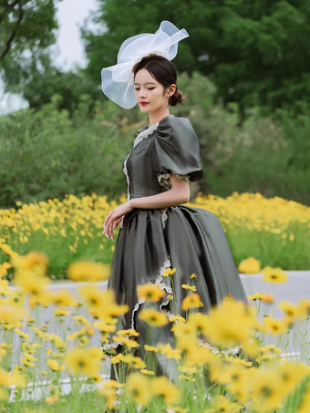 バッスル ビクトリアンドレス パフスリーブ レース フリル マキシ丈 レトロドレス 帽子付き