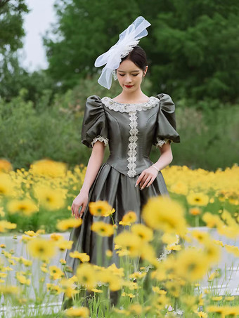 バッスル ビクトリアンドレス パフスリーブ レース フリル マキシ丈 レトロドレス 帽子付き