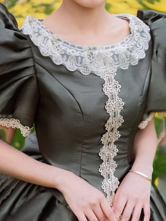 バッスル ビクトリアンドレス パフスリーブ レース フリル マキシ丈 レトロドレス 帽子付き