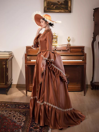 ブラウンのバスル ビクトリアンドレス ロングフレアスリーブ ボールレトロドレス 帽子付き