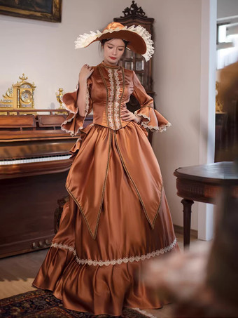 ブラウンのバスル ビクトリアンドレス ロングフレアスリーブ ボールレトロドレス 帽子付き