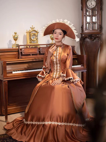 ブラウンのバスル ビクトリアンドレス ロングフレアスリーブ ボールレトロドレス 帽子付き