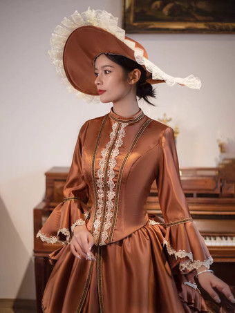 ブラウンのバスル ビクトリアンドレス ロングフレアスリーブ ボールレトロドレス 帽子付き