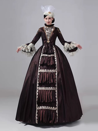 ディープブラウンディープブラウンのビクトリアンドレス、長袖、レース、ハイカラー、ボールレトロドレス