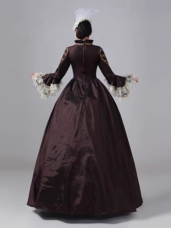ディープブラウンのビクトリアンドレス、長袖、レース、ハイカラー、ボールレトロドレス