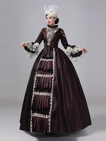 ディープブラウンのビクトリアンドレス、長袖、レース、ハイカラー、ボールレトロドレス