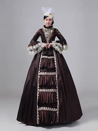 ディープブラウンのビクトリアンドレス、長袖、レース、ハイカラー、ボールレトロドレス