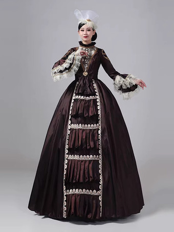 ディープブラウンのビクトリアンドレス、長袖、レース、ハイカラー、ボールレトロドレス