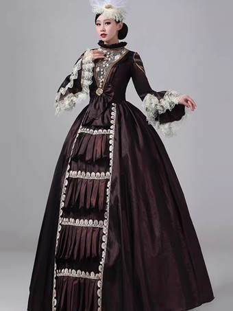 ディープブラウンのビクトリアンドレス、長袖、レース、ハイカラー、ボールレトロドレス
