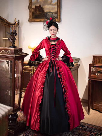 レッド レッドのレトロビクトリアドレス、ロングフレアスリーブ、ロココ調マキシボールドレス、ヘッドウェア付き