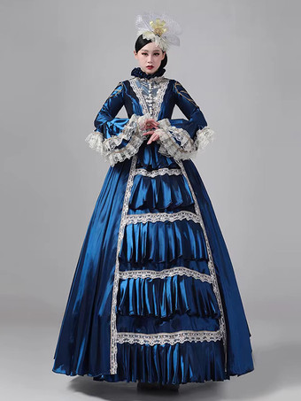 ディープブルーレディース レトロ ビクトリアン ドレス ロング レース フレアスリーブ ボール ロココ ドレス ヘッドウェア付き