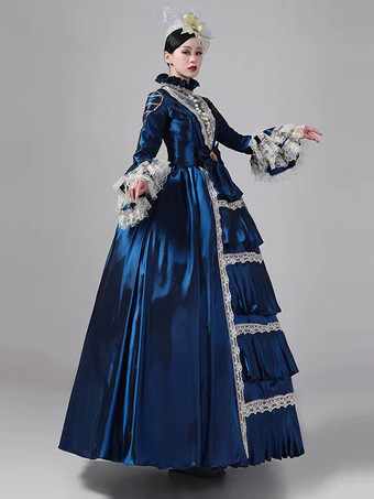 レディース レトロ ビクトリアン ドレス ロング レース フレアスリーブ ボール ロココ ドレス ヘッドウェア付き
