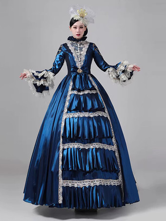 レディース レトロ ビクトリアン ドレス ロング レース フレアスリーブ ボール ロココ ドレス ヘッドウェア付き