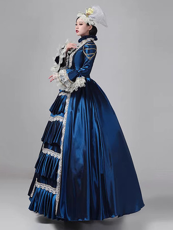 レディース レトロ ビクトリアン ドレス ロング レース フレアスリーブ ボール ロココ ドレス ヘッドウェア付き