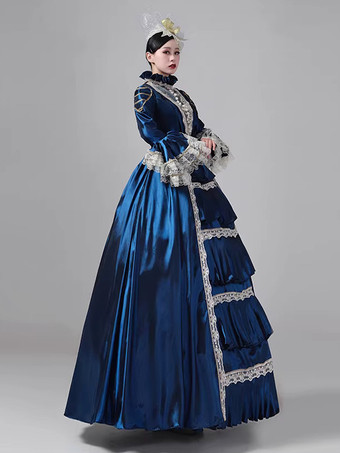 レディース レトロ ビクトリアン ドレス ロング レース フレアスリーブ ボール ロココ ドレス ヘッドウェア付き