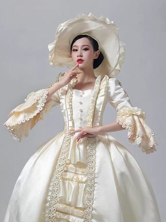 女性用ビクトリアンドレス シャンパン 長袖 レトロ ボールガウン 帽子付き